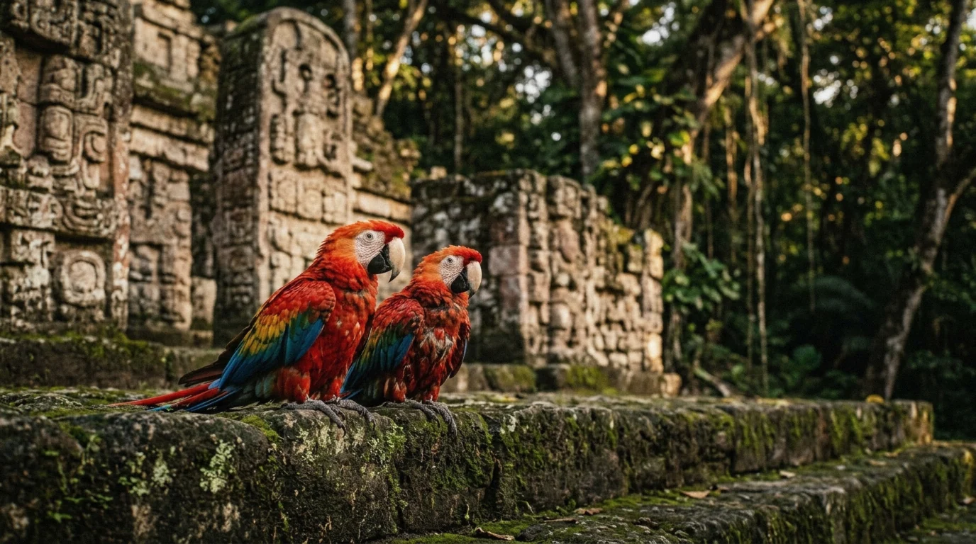 Scarlet macaws on a temple step at the end of the drive from San Pedro Sula to Copán