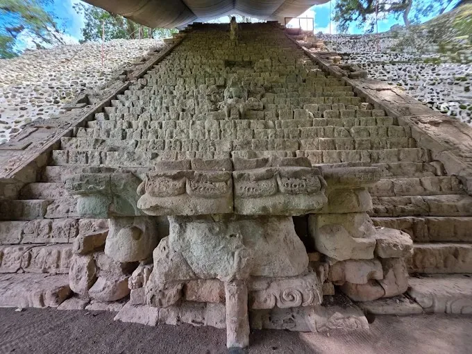 The Hieroglyphic Stairway under its protective roof, seen on San Pedro Sula Mayan ruins tours to Copán