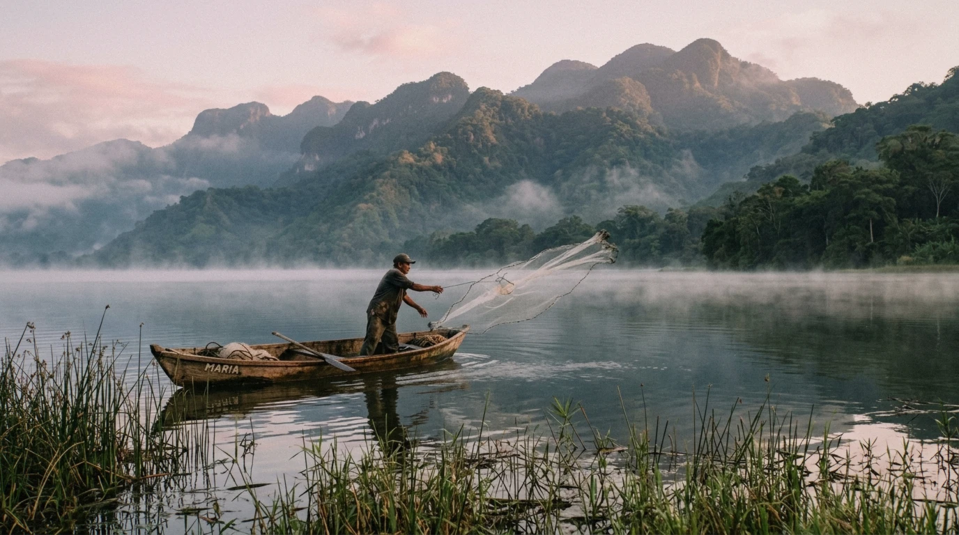 Fishing boat on Lake Yojoa at dawn with the mountains of Cerro Azul Meámbar behind