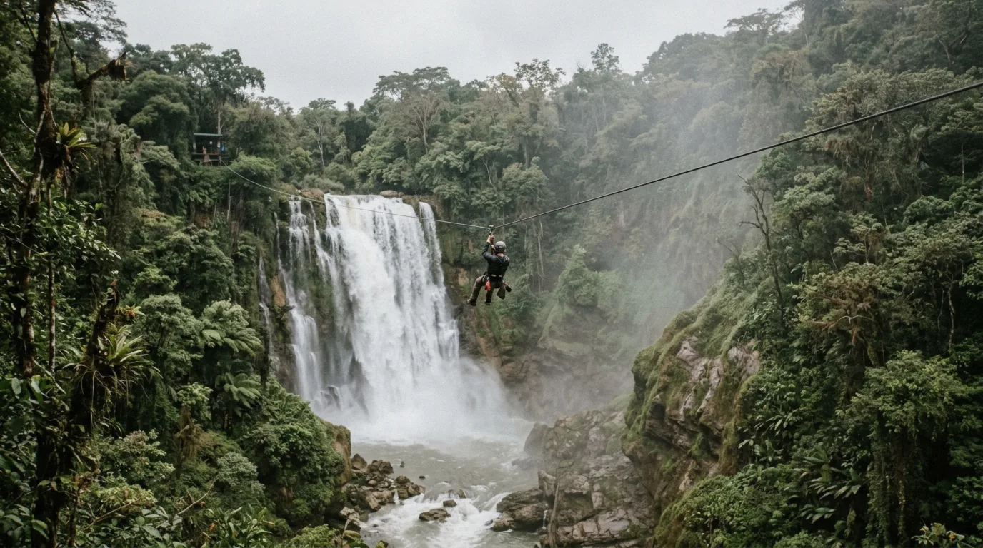 Zipline crossing in front of Pulhapanzak waterfall in Honduras