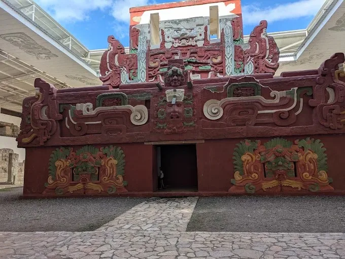 Full-size painted replica of the Rosalila temple in the Copán sculpture museum on San Pedro Sula Mayan ruins tours