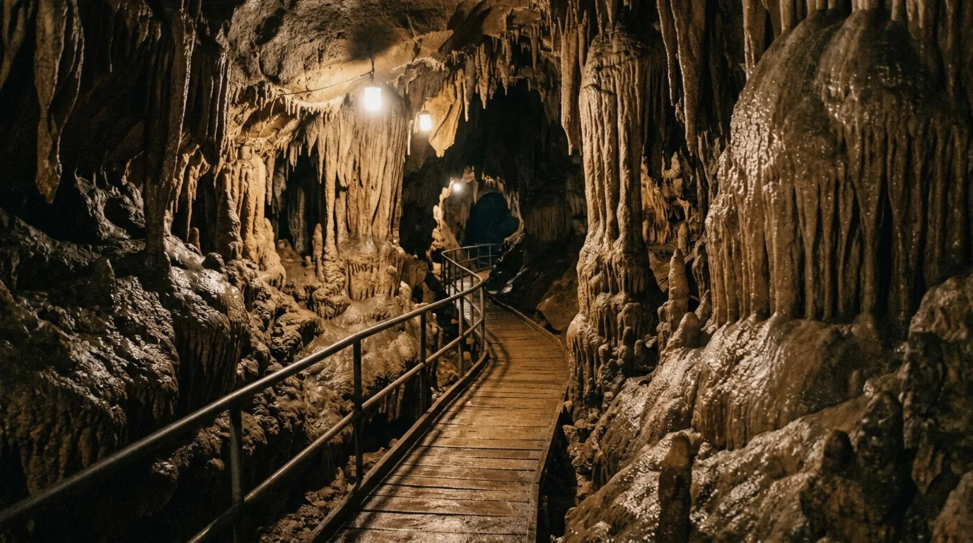 Lit walkway inside the Taulabe caves near Lake Yojoa