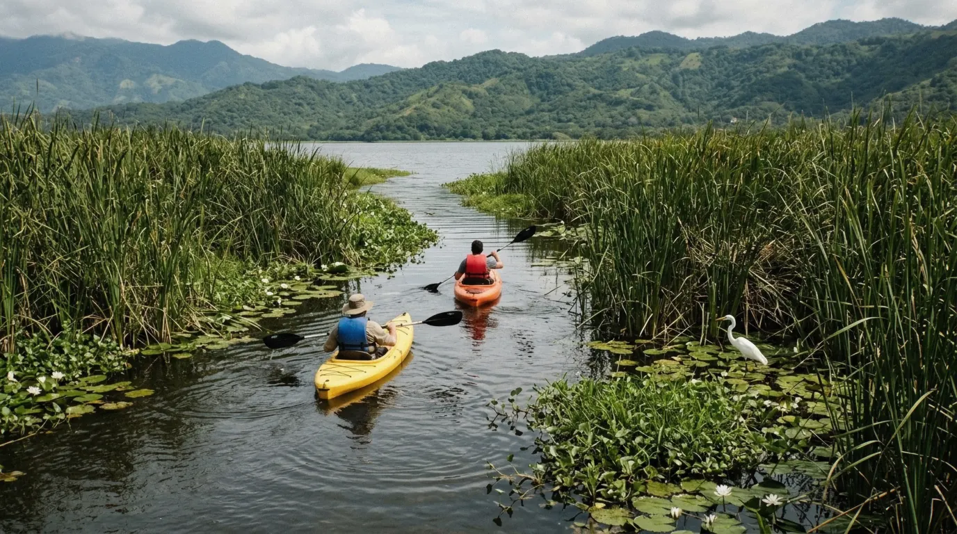 Kayaks among the reeds on the Lake Yojoa tour from San Pedro Sula